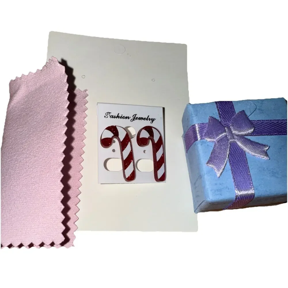 NWT Plastic Red And White Candy Cane Earrings With Rubber Backing